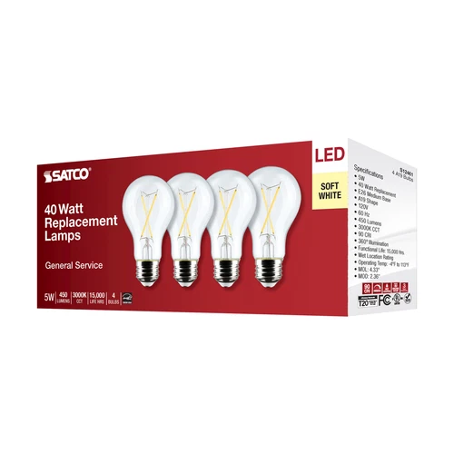 4 Pack Satco S12461 LED Filament 5W =40W A19 Medium E26 Clear 3000K Soft White - Picture 5 of 11