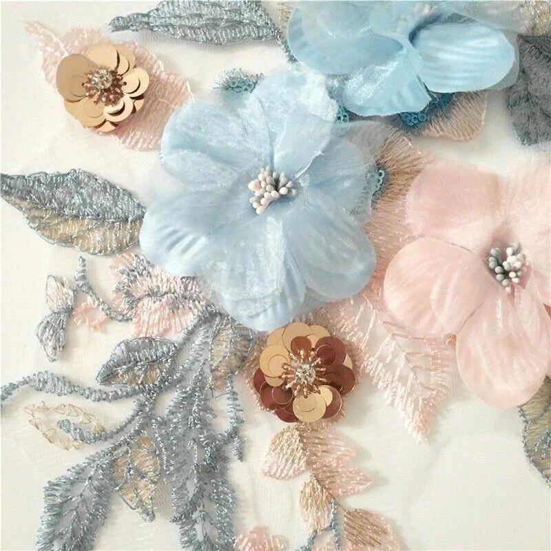 Embroidered Appliques Floral Patch Lace Mesh Sequin Shiny for Wedding Dress Chic - Image 4 of 4