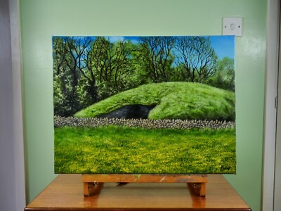 Original Landschaft Ölgemälde, Tierwelt, Belas Knap, Jungsteinzeit, signiert, 24x18 