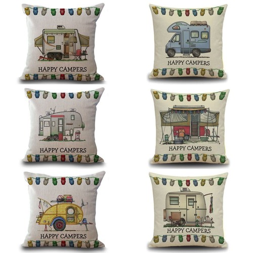 Linen Printed Happy Campers Cushion Cover 450x450mm Select Design eBay