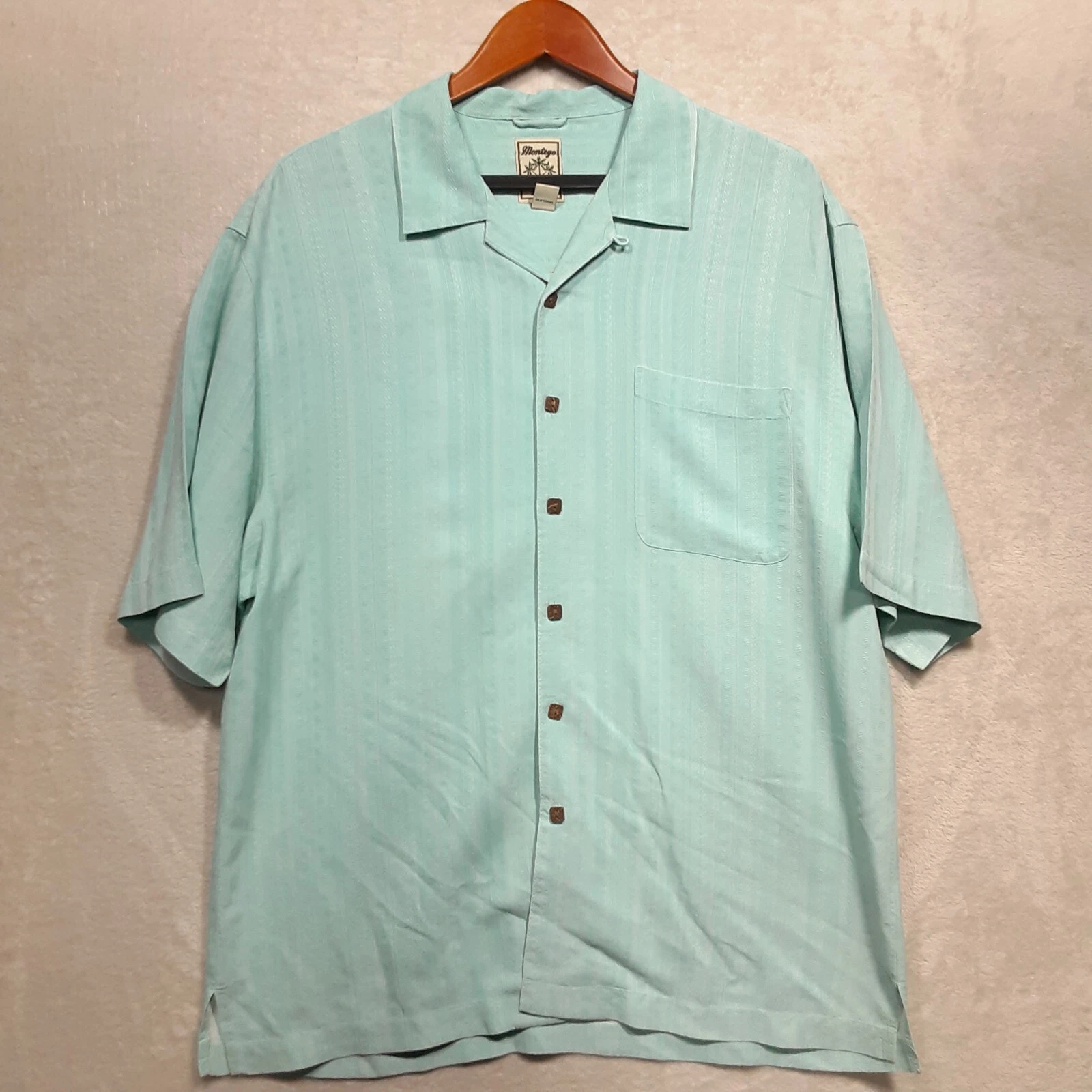 Montego Mon Mens Short Sleeve Button Shirt Sz.L/Blue/100% Silk/Stitch Print