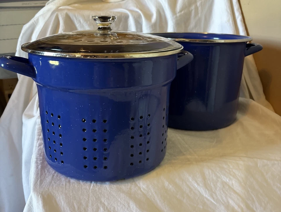 Blue Speckle Enamelware Stock Pot Double Boiler Steamer with Strainer and Lid  - Image 3 of 4