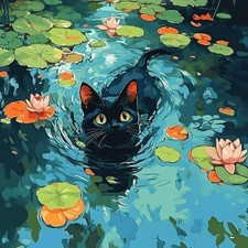 Black Cat Paint by Numbers Kit for Adults, Flowers Water Lilies Paint by 3-Cat