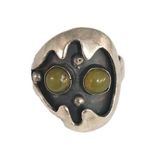 Artisan Sterling Silver Mask Ring set With Dual Green Aventurine Cabochons Stone