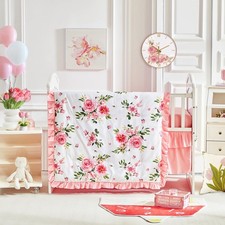 3 Pieces Flowers Mini Crib Bedding Set Baby Ruffled Quilted Comforter with Fi...