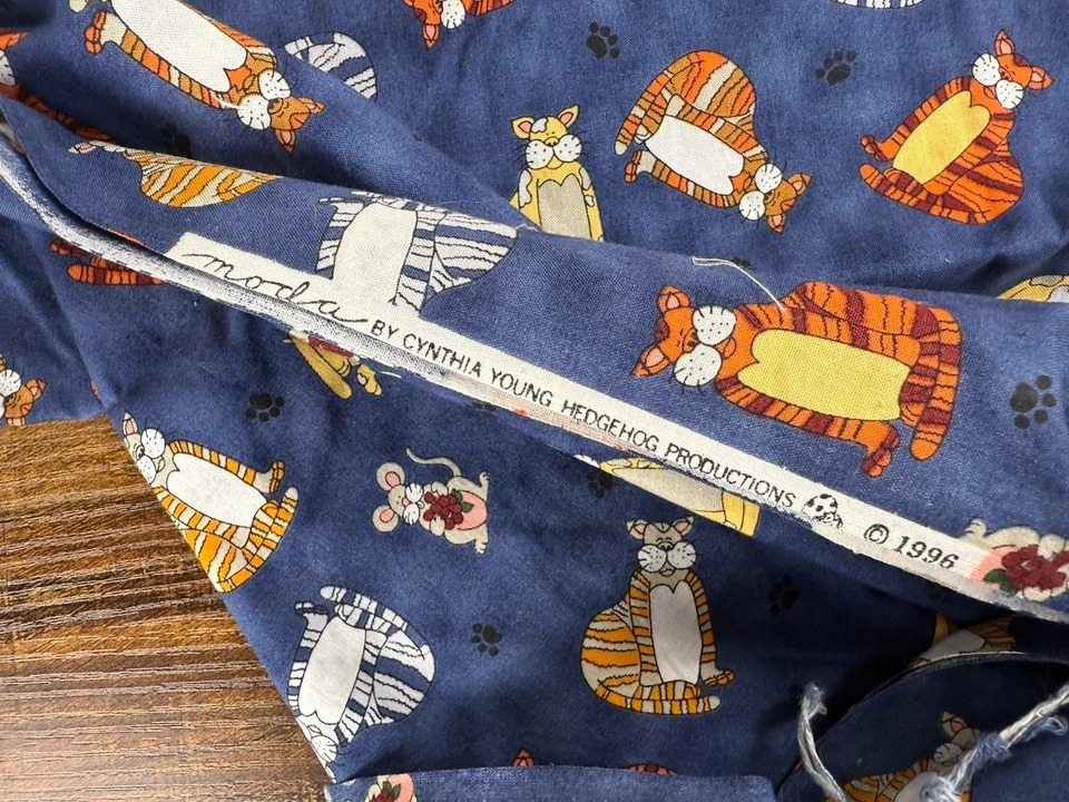1.5 yds 42"W Moda By Cynthia Young Fabric Fat Cat And Mouse Vintage 1996 On Blue - Image 3 of 3