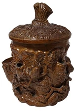 Antique French Salt Glazed Tobacco Jar Applied Branches Acorn with Lid SEE