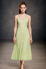 360 Adrianna Papell Beaded Mesh Crew Neck A-Line Midi Dress Aloe Ivory sz 10