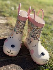 George Asda Girls Floral Animal Face Welly Boots  Easy-On Handles - Size 6 Kids