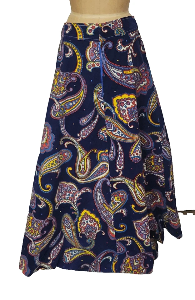 Vintage 70s Velveteen Maxi Skirt Psychedelic Paisley print and Rhinestone Med - Image 2 of 4