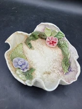 Vintage Signed Art Pottery Trinket Dish Applied Florals Roses Engraving