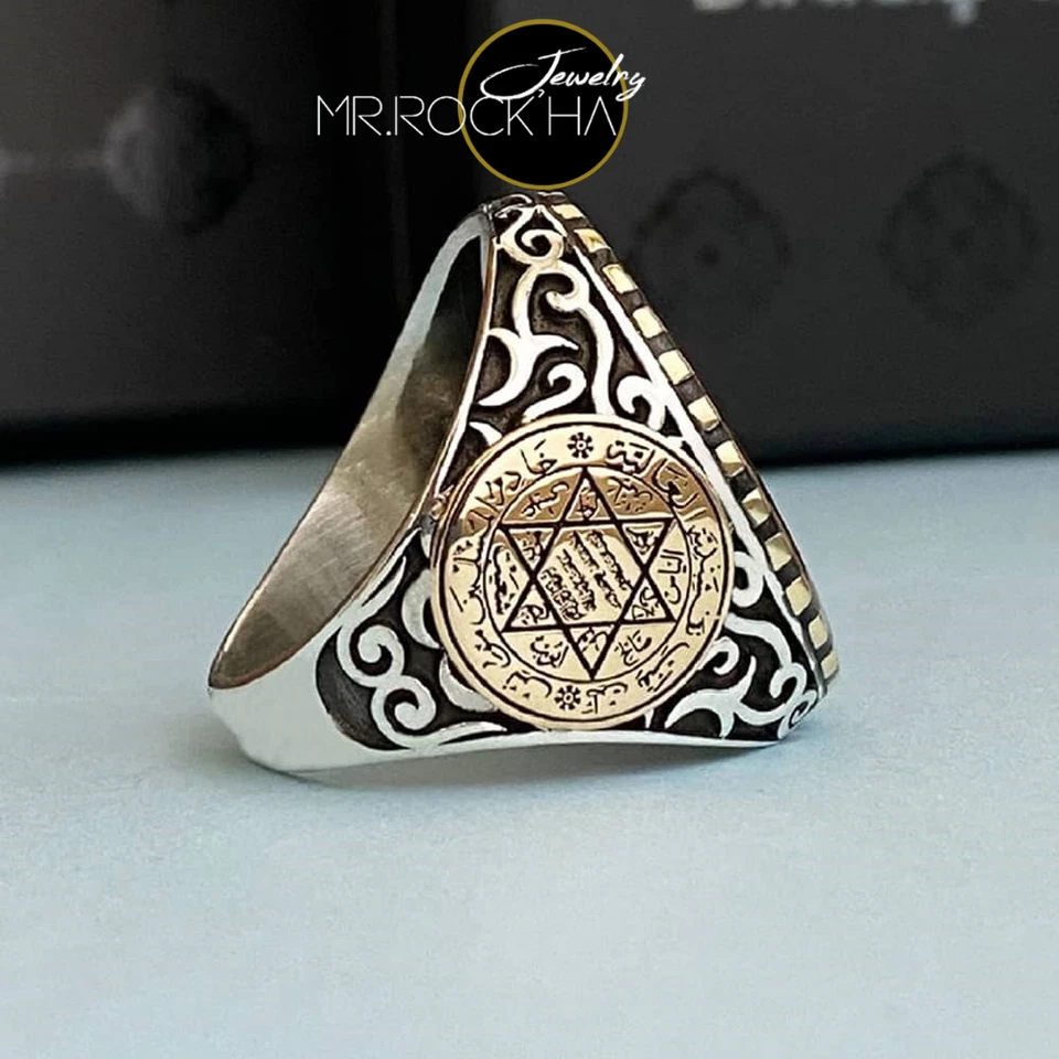 Seal of King Solomon,Red Enamel,Engraving Design,925 Sterling Silver Men's Ring - Image 4 of 4