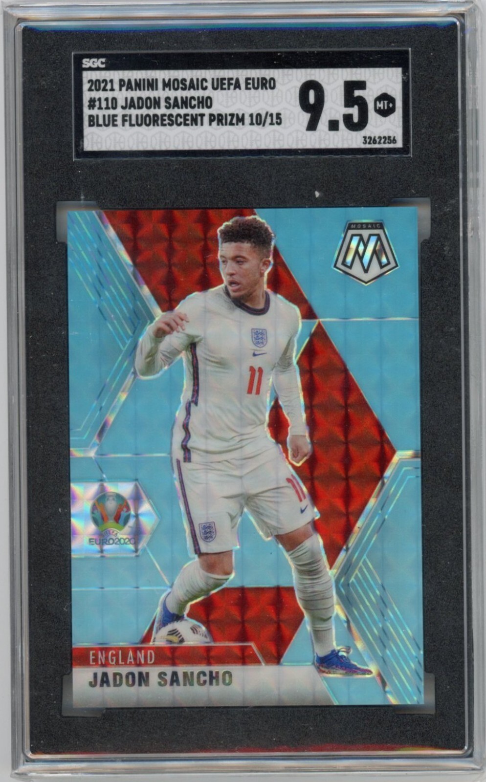 Jadon Sancho 2021 Panini Mosaic Euro Blue Fluorescent Prizm /15 SGC 9.5 #110
