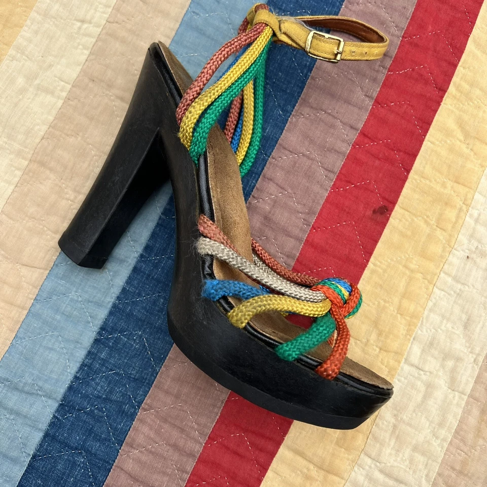 Vintage 1970s Colorful Rayon Strap Pump OpenToed Shoes High Heels Rainbow Sbicca - Image 2 of 4