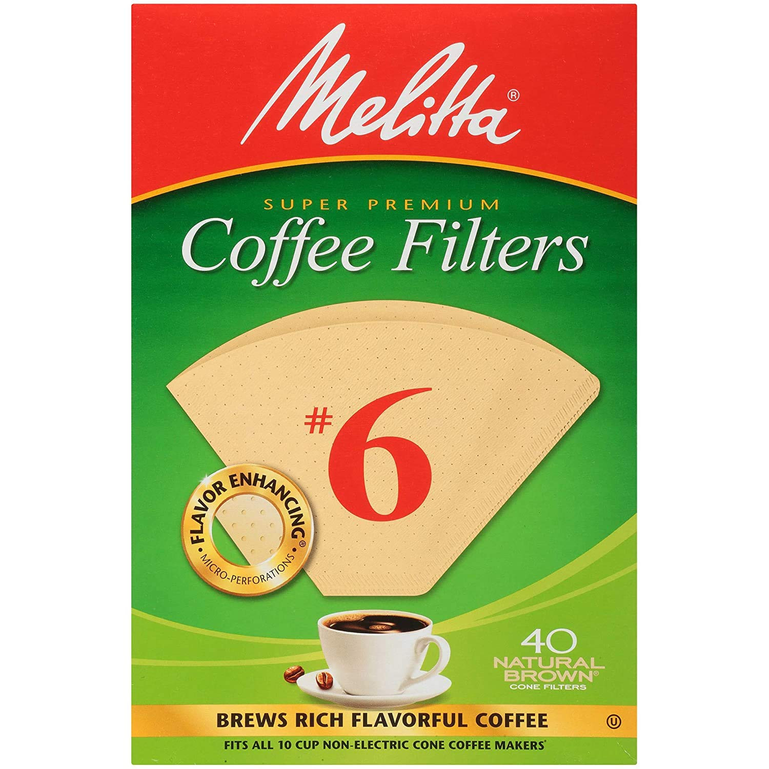 Melitta #6 Cone Coffee Filters, Natural Brown, 40 Count (Pac