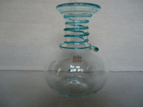 Vintage Blenko Glass #8318 Clear Glass Vase with Aqua Rings & Original Label