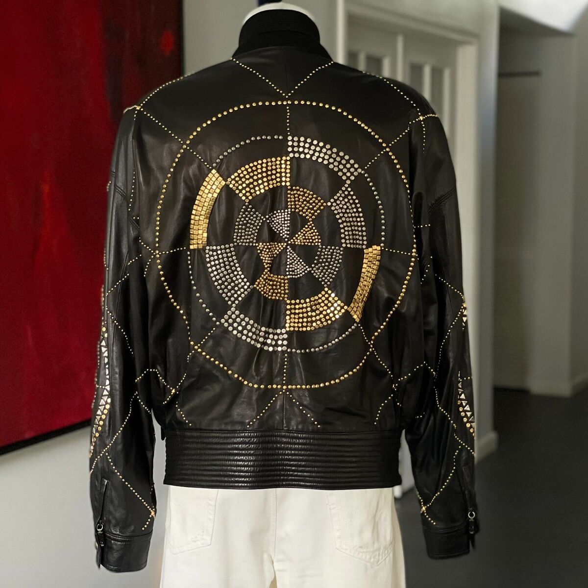 GIANNI VERSACE Black Leather Jacket with Greek Key Studded GIANNI VERSACE Black Leather Jacket with Greek Key Studded
