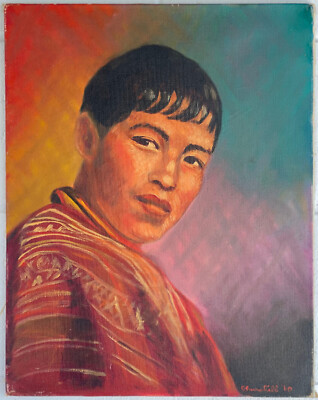 Churchill Portrait Tibetan Young Man Original Oil on Canvas Signed 1960