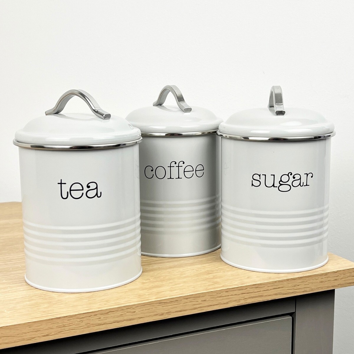 Tea Coffee Sugar Set Canisters Grey Kitchen Storage Jars Containers  Accessories