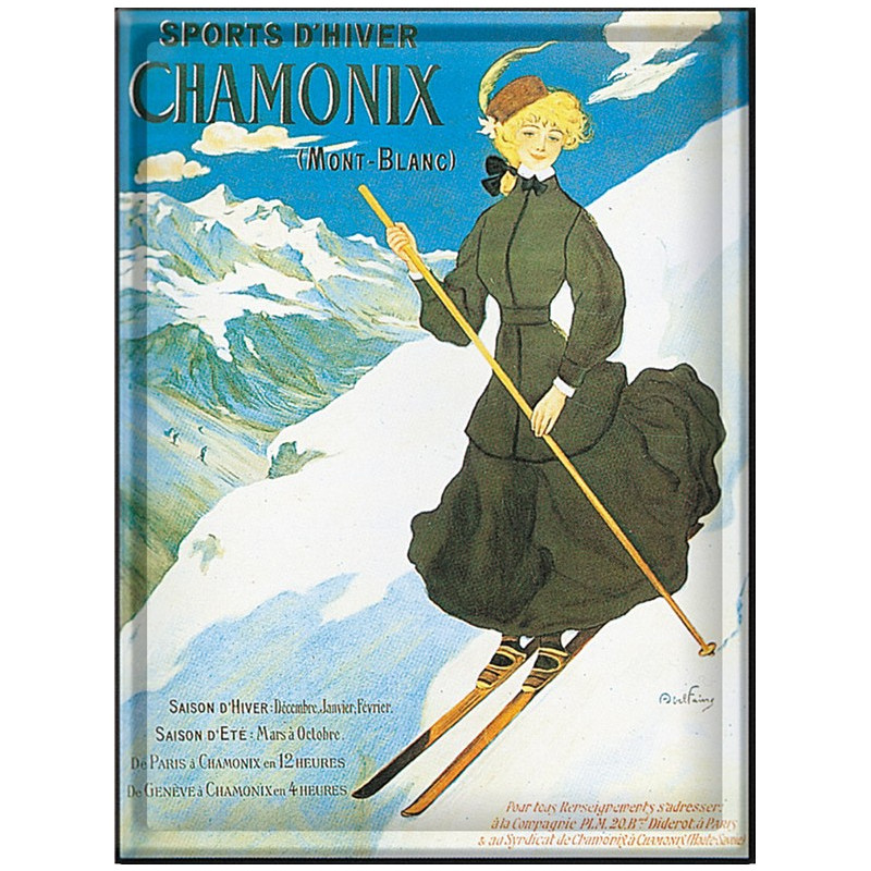 Plaque métal Chamonix Skieuse déco vintage rétro pour salon chalet