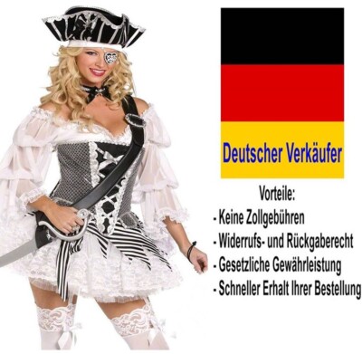 Kostüm Pirat Piratin Damen Kleid Hut Weiss 34 36 38 XS S M Karneval Fasching