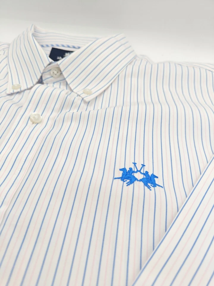 🇦🇷 Мужская рубашка La Martina Buenos Aries на пуговицах L 16,5x35 розовая синяя полоса - Изображение 4 из 4