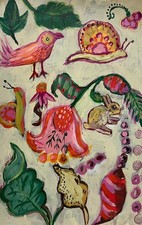 Whimsical Garden Animals Folk Art Painting Bird Snail Rabbit Naive Original