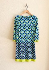 Eliza J ANTHROPOLOGIE Retro Mod Tunic Shift Dress Green Blue Diamonds Women’s 4