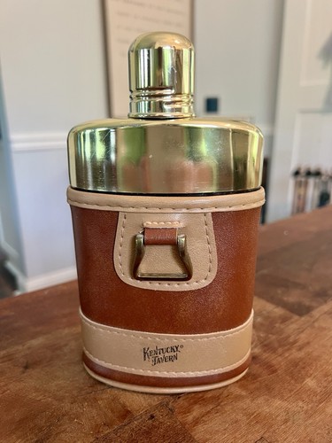 Vintage Glass Flask With Gold Metal Lid & Brown Tan Leather Case Kentucky Tavern