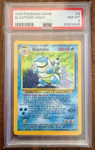 1999 Pokémon TCG Blastoise Base Set Holo Unlimited Rare Card 2/102 NM-MT PSA 8