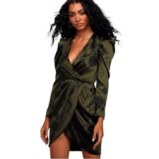 ASTR the Label - Jocelyn Olive Green Floral Puff Long Sleeve Mini Dress Sz XS