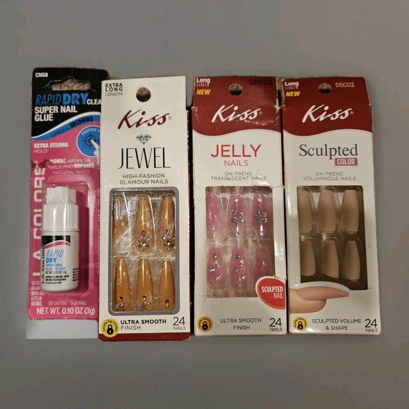 KISS Nails Lot (3 Sets) Jewel Jelly Sculpted + Super Nail Glue Glam Manicure NEW