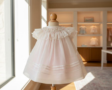 NWT Will'beth Ivory Pink Sheer Pearl Smocked Bishop Dress preemie Baby Girls 00