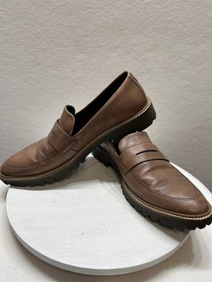 Ecco Womens Shoes Tray Tech Leather Penny Loafers Sz 40/9-9.5 Lt Brown Lug Sole