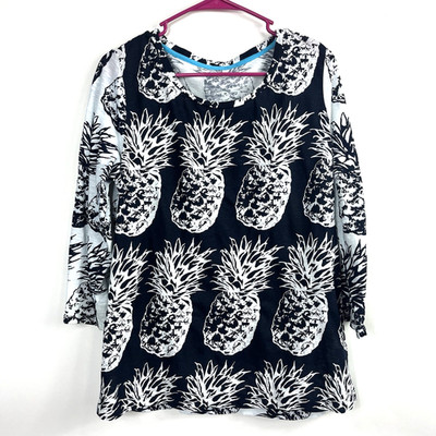 Women's Crown & Ivy Beach Round Neck Navy White Pineapple 3/4 Casual Sleeve L