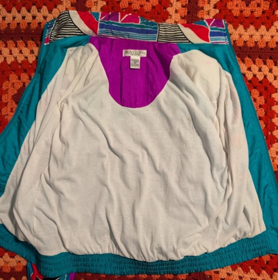 90 年代 Sunterra Petite 抽象/几何印花风衣夹克,尺寸 L,复古 — 第 4/4 张图片