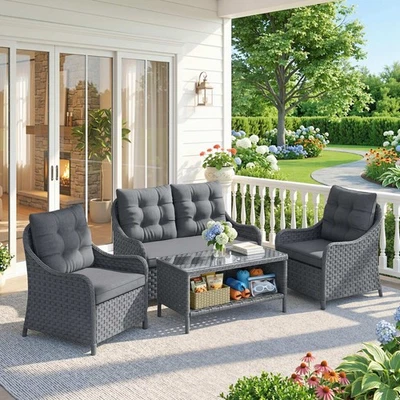 4 Piece Rattan Garden Furniture Set with 2 Armchairs, Loveseat, Coffee Table - Image 1 of 4