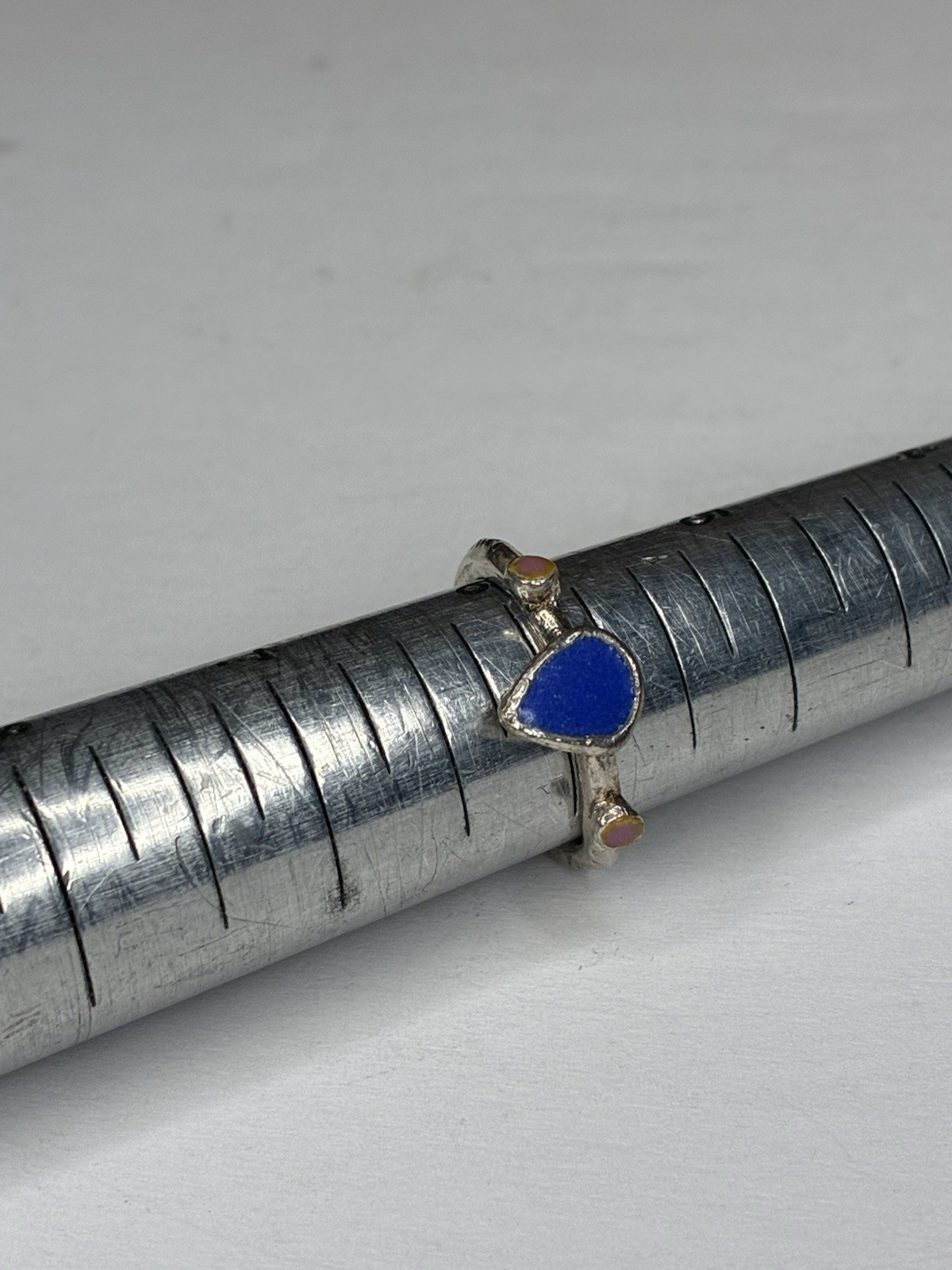 Handcrafted Silver Blue Stone Ring with Orange Ac… - image 3