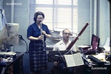 MATURE COUPLE PRACTICING CLARINET & BASSOON IN SCHOOL OFFICE 1962 PHOTO SLIDE