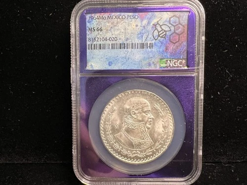 1964-Mo MEXICO PESO - MS66 NGC - PURPLE CORE - 10% SILVER - 04046
