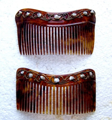 Pair Art Nouveau faux tortoiseshell combs with baroque pearls