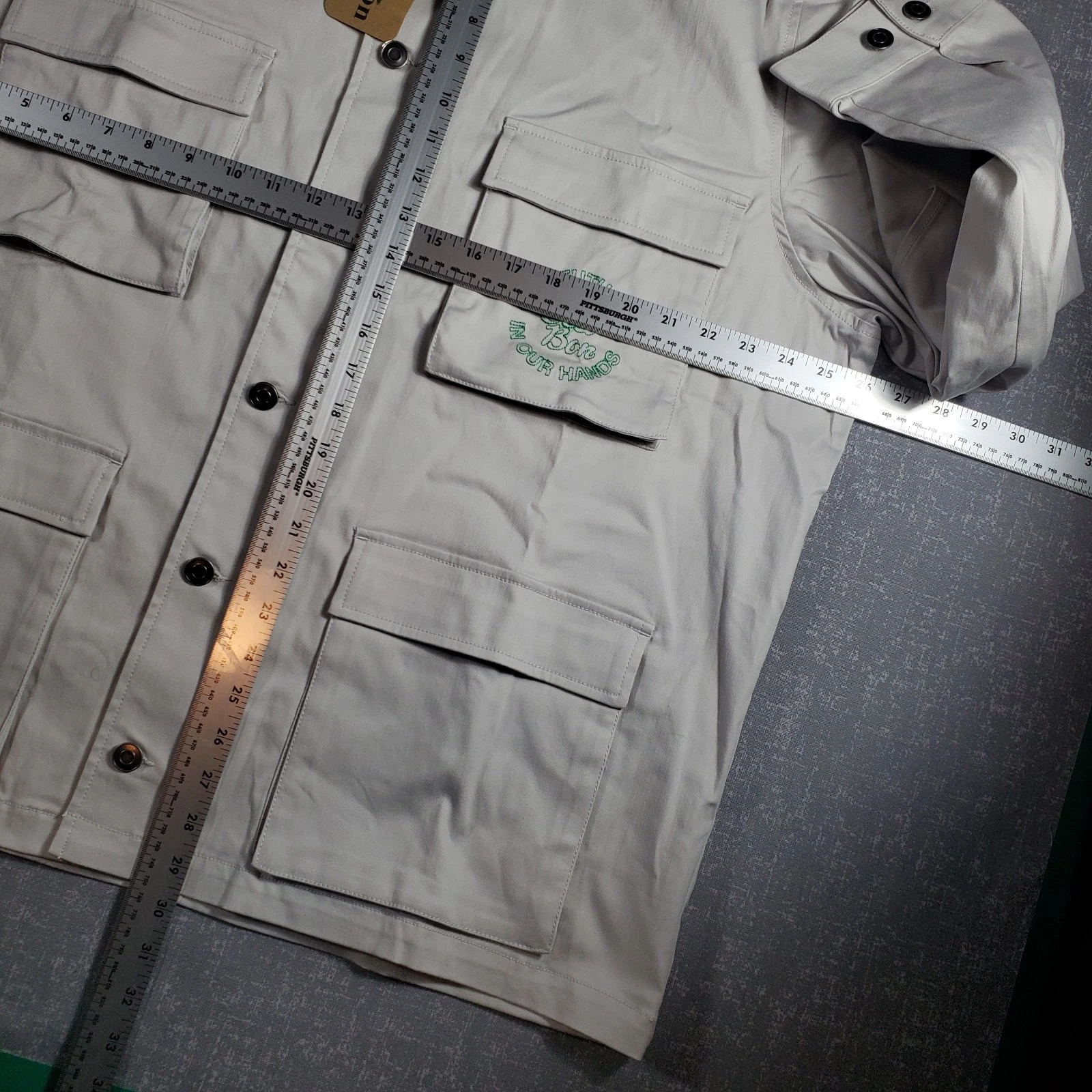 C'est Bon Designer graphic & embroidery Canvas Light Grey Cargo Jacket - product detail image 5