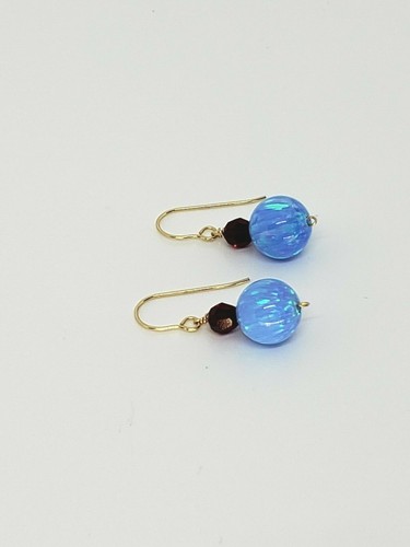14k Yellow Gold Blue Opal and Red Swarovski Crystal Drop Dangle Earrings - Picture 4 of 5