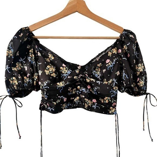 FOR LOVE & LEMONS August Satin Top in Floral Black Size XS NWOT - Picture 6 of 14