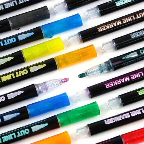 UK 12 Colors Drawing Double Line Outline Pen Highlighter Marker Pen For School - Picture 2 of 11