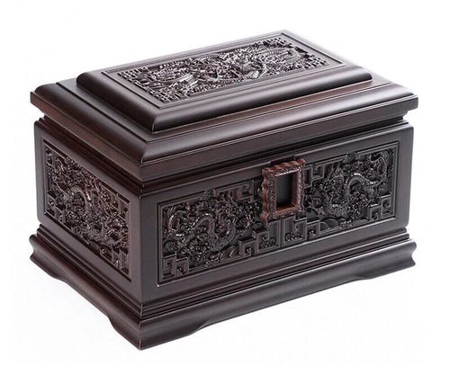 Solid Ebony Wood Carved Dragon Wooden Cremation Urn Funeral Box - Picture 1 of 3