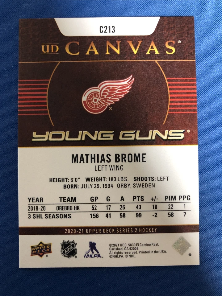 2020-21 UPPER DECK UD CANVAS YOUNG GUNS #C213 MATHIAS BROME DETROIT RED WINGS - Image 2 of 2