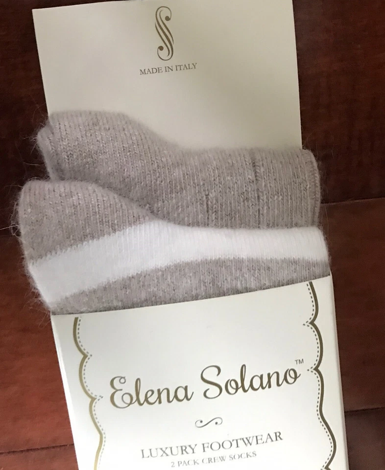 Women’s Elena Solano Luxury Crew Socks Angora Bl - 2 Pairs Tan/Ivory Stripes New - Image 2 of 4