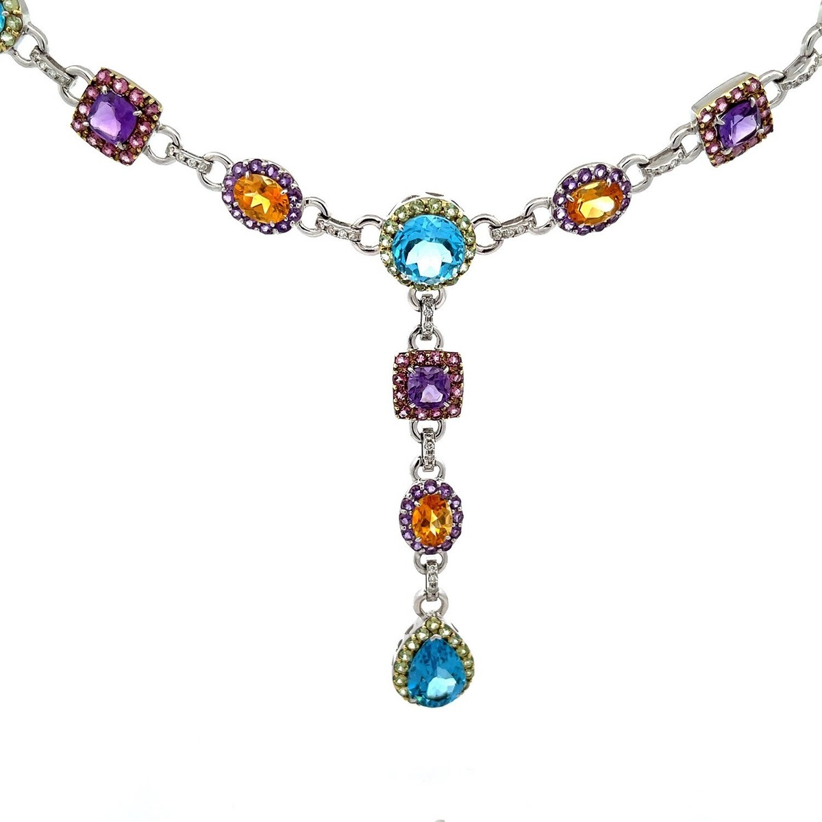 Full Gemstones Drop Necklace Multi-Color Gems & Diamonds 14k White