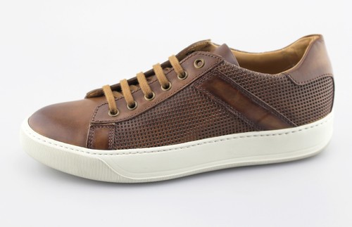 Men's SANTONI 'Aztec' Brown Leather Perforated Sneakers Size US 8.5 - D - Picture 2 of 6